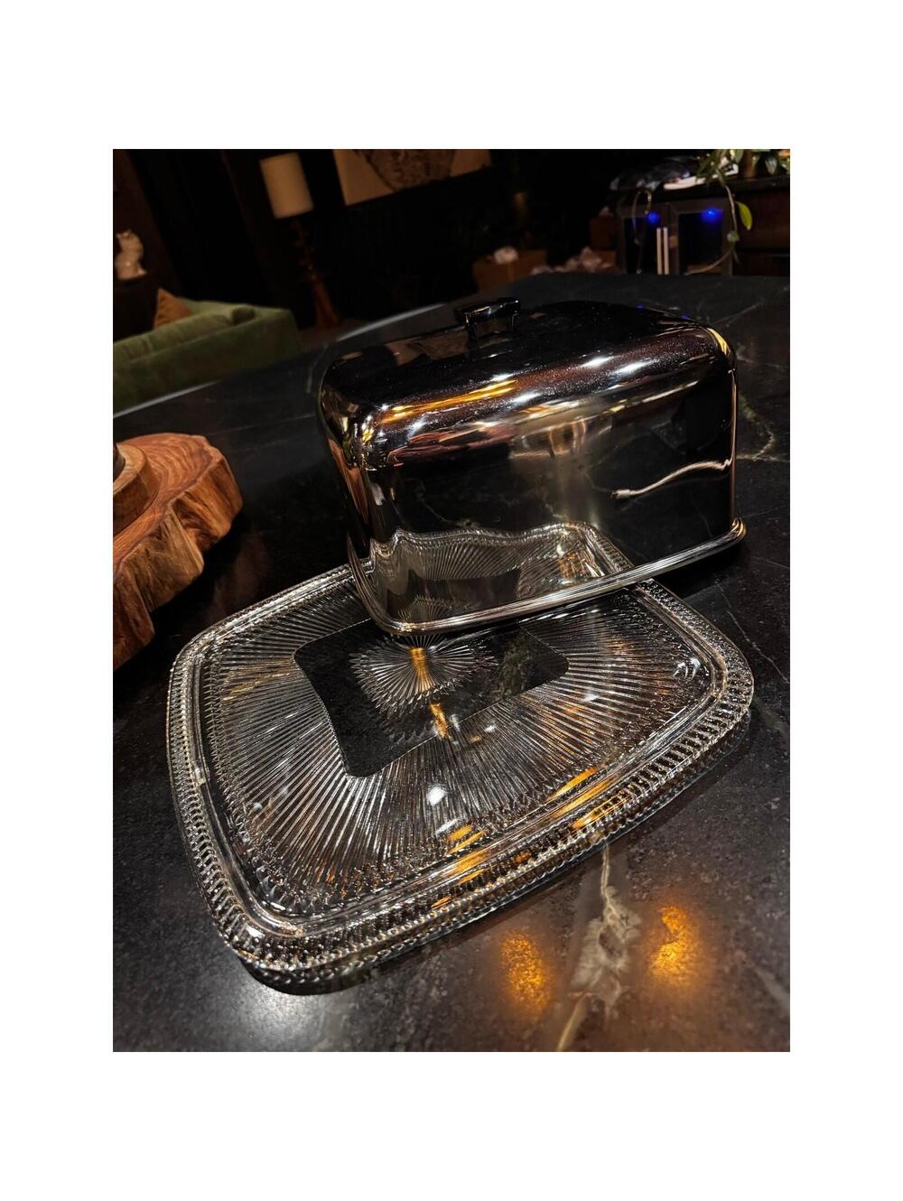 Vintage Kromex Square Chrome Cake Carrier Saver Glass Tray Plate MCM 1950s Retro - Picture 4 of 6